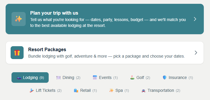 Booking entry page: AI trip planner, resort packages, and nine product categories