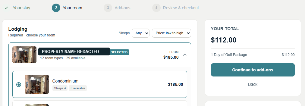 Booking wizard: package step two, choosing a room, with the running total in the sidebar