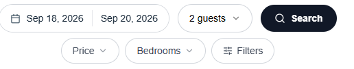 Search controls: date range, party size, price, bedrooms, filters